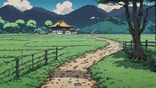 studio ghibli,yamada's rice fields,japan landscape,rural landscape,ginkaku-ji,tsukemono,scenery,background with stones,landscape background,japanese alps,cool woodblock images,the rice field,shirakami-sanchi,country road,countryside,hiking path,my neighbor totoro,background images,backgrounds,would a background,Illustration,Japanese style,Japanese Style 04