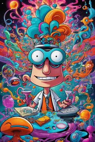 psychedelic art,cartoon doctor,hatter,lsd,biologist,brainy,psychedelic,pinocchio,hallucinogenic,microbiologist,scientist,magician,abstract cartoon art,graffiti art,dr,acid,professor,sakana,dahl,illustrator,Illustration,Realistic Fantasy,Realistic Fantasy 39