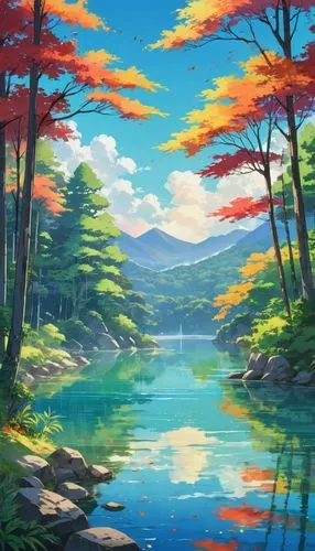 landscape background,japan landscape,nature background,river landscape,forest landscape,forest lake,Illustration,Japanese style,Japanese Style 03