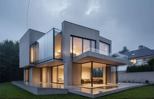 the modern house is lit up by lights,cubic house,cube house,modern architecture,modern house,frame house,house shape,Photography,General,Realistic