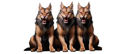 Cerberus, three-headed dog, hellhound, muscular body, ferocious expression, glowing red eyes, sharp teeth, pointed ears, fluffy fur, lion-like mane, strong claws, sitting posture, front paw raised, in