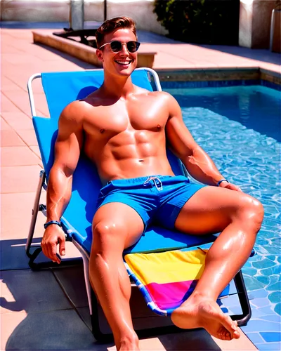 Muscular man, swimming pool, solo, (25yo), athletic body, short hair, sunglasses, smiling, relaxed posture, lying on beach chair, blue swim trunks, flip flops, summer tan, shallow focus, warm lighting