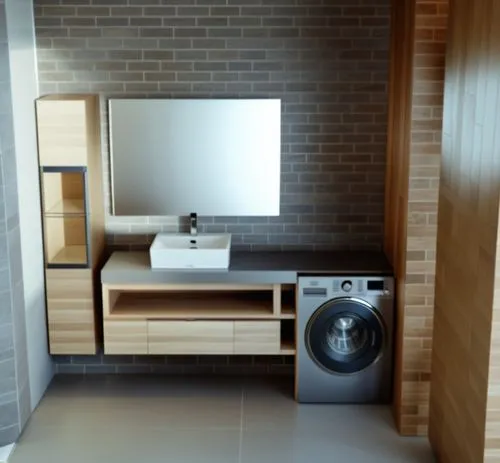 there is a washer that is sitting in a room with brick,3d rendering,electrolux,3d render,3d rendered,modern room,gaggenau,indesit,renders,render,search interior solutions,modern decor,modern kitchen i