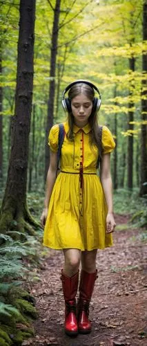 UNa chica de 15 años escuchando música con audifonos mientras camina por el bosque, botas rojas, vestido amarillo, cara detallada, ojos amarillos ,little red riding hood,ballerina in the woods,farmer 