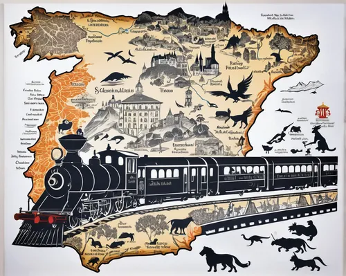 international trains,bernina railway,travel poster,travel map,railway system,italian poster,españa la bella,transilvania,the selketal railway,children's railway,animal train,cuisine of madrid,catalonia,alentejo,world travel,train route,pegaso iberia,cat european,spain,hogwarts express,Illustration,Black and White,Black and White 31