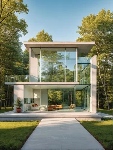 An isometric architecture of a glass house, by karim rashid, bauhaus architecture, concrete and glass facade, outdoor forest, front view, natural light with warm tones
,a white house that is standing 