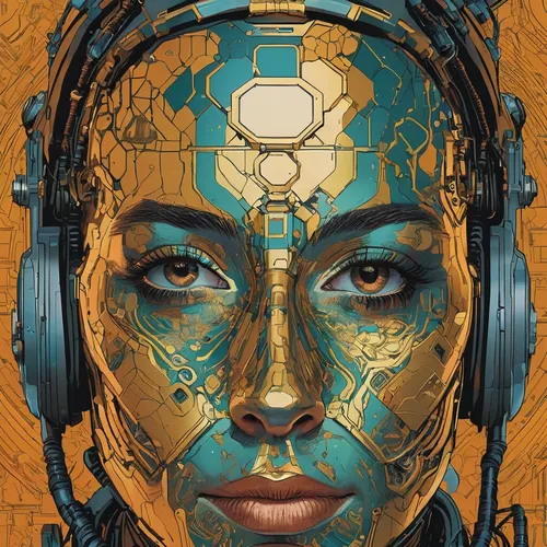 cyborg,biomechanical,transistor,cybernetics,head woman,sci fiction illustration,c-3po,cyberpunk,echo,ai,mechanical,rosa ' amber cover,valerian,robotic,circuitry,artificial intelligence,steampunk,gold foil art,scifi,circuit board,Illustration,Vector,Vector 04