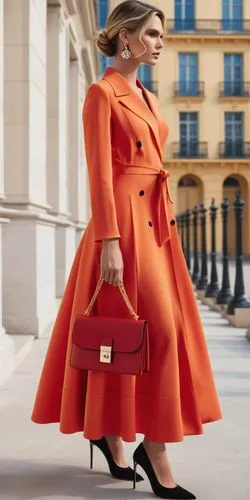 Fashion show ,a woman in orange dress holding a red purse,maxmara,red coat,aperol,delvaux,galliano,red bag,Photography,General,Realistic