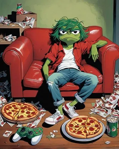 exhausted Pepe, cartoon character, relaxed posture, droopy eyes, sagging eyelids, dark circles under eyes, messy green hair, bright red lips, worn-out expression, slumped shoulders, sloppy clothes, ri