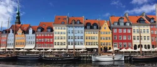 Copenhagen, Denmark, Nordic architecture, modern buildings, colorful townhouses, historic Nyhavn harbor, canal boats, sunny day, blue sky, few white clouds, walking tour, tourist map, solo traveler, c