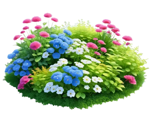 colorful flower bed, cartoon style, vibrant petals, soft green leaves, gentle curvy stems, sunny day, white puffy clouds, whimsical atmosphere, 3D rendering, exaggerated shapes, bold lines, pastel col