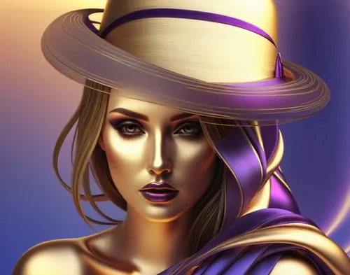 a woman wearing a large purple and gold hat,caitlyn,the hat-female,art deco woman,the hat of the woman,woman's hat,sun hat,Illustration,Realistic Fantasy,Realistic Fantasy 45