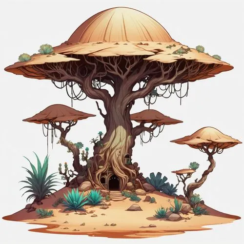 tree mushroom,mushroom island,mushroom landscape,umbrella mushrooms,baobabs,forest mushroom,Illustration,Abstract Fantasy,Abstract Fantasy 11