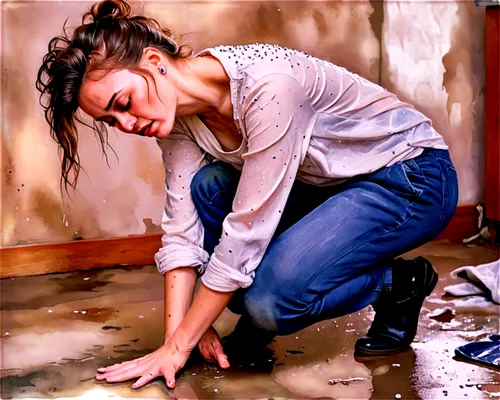 Female, young adult, messy hair, pale skin, weak posture, leaning forward, hand supporting forehead, mouth open, sick expression, sweat droplets, worn-out clothes, dirty floor, dim lighting, close-up 