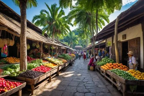 Open-air market, vibrant colors, natural materials, wooden stalls, corrugated iron roofs, rustic textures, lively atmosphere, various vendors, fruits and vegetables, flowers, handicrafts, local delica