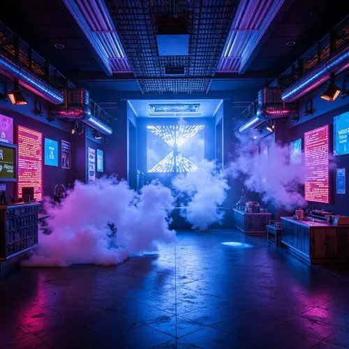 Vibrant nightclub interior, pulsating dance floor, strobe lights, laser beams, fog machines, LED installations, neon-lit bars, metallic accents, reflective surfaces, futuristic architecture, dynamic l