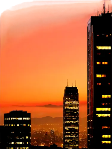 Soft twilight, warm orange sky, silhouette buildings, cityscape, modern skyscrapers, distant mountains, misty atmosphere, streetlights, warm glow, shallow depth of field, cinematic composition, panora