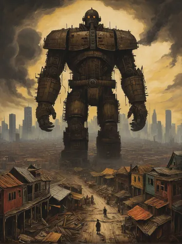 dreadnought,mech,post apocalyptic,mecha,post-apocalyptic landscape,scrap iron,apocalyptic,kryptarum-the bumble bee,post-apocalypse,fallout4,dystopia,metropolis,wasteland,destroyed city,bulldozer,scrap collector,heavy machine,sci fiction illustration,transformer,fallout,Art,Artistic Painting,Artistic Painting 25