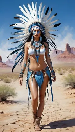 woman grey head  in a desert. Her eyes are filled with intense focus as she strolls with her loyal beauty of a white werewolf ,  capturing the world of reality and technology. This transformation is c