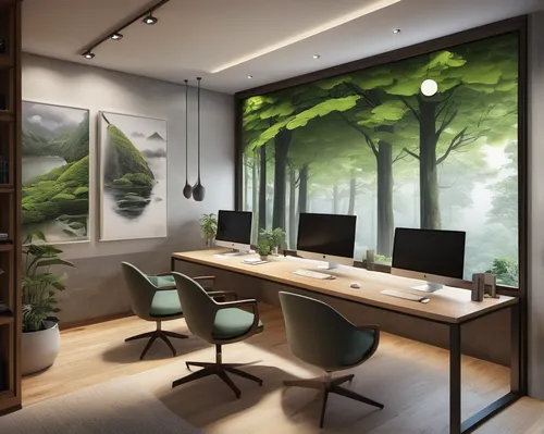 intensely green hornbeam wallpaper,modern office,forest workplace,blur office background,conference room,creative office,working space,meeting room,study room,board room,furnished office,computer room,conference room table,offices,apple desk,consulting room,office desk,3d rendering,room divider,search interior solutions,Conceptual Art,Sci-Fi,Sci-Fi 25