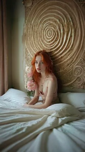 a red haired woman lays on a bed, with flowers,woman on bed,girl in bed,ginger blossom,harmlessness,redhead doll,porcelain rose