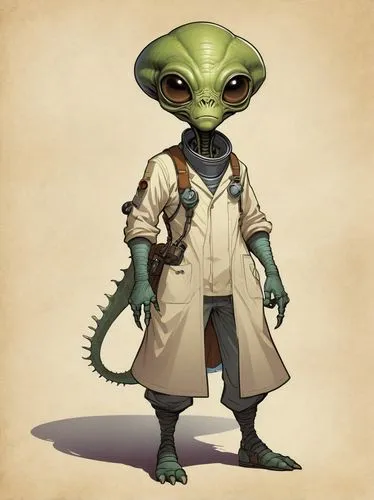 saurian,alien warrior,kobold,fish-surgeon,biologist,aesulapian staff,fishmonger,veterinarian,admiral von tromp,whiptail,cullen skink,yoda,theoretician physician,terrapin,malagasy taggecko,astronomer,clone jesionolistny,sci fiction illustration,mole cricket,scientist,Illustration,Children,Children 04