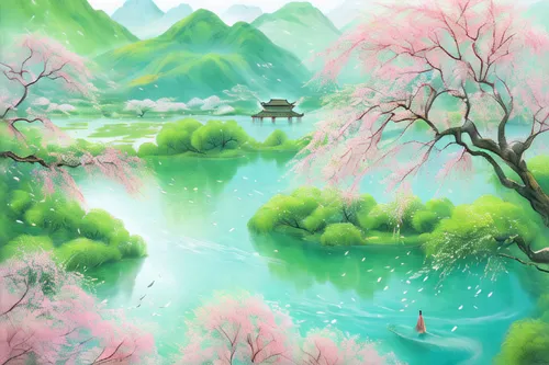 japan landscape,japanese sakura background,landscape background,sakura trees,fantasy landscape,sakura background,watercolor background,cartoon video game background,fairy world,mountain scene,fairy vi