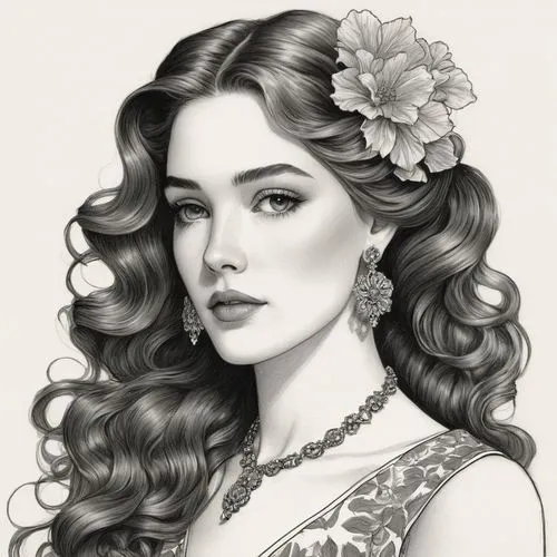 margairaz,victorian lady,viveros,rose flower illustration,boho art style,margaery,Illustration,Black and White,Black and White 13