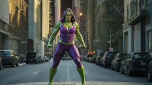   she hulk,a woman in purple and green standing on the edge of a street,mesmero,superheroine,sindel,illyria,riddler,super heroine