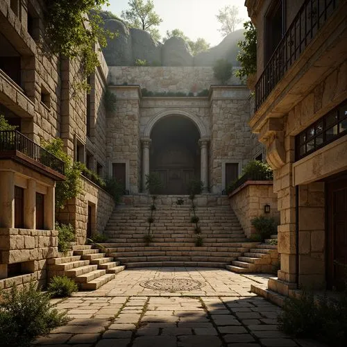 Ancient amphitheater, rustic stone walls, weathered marble columns, rough-hewn rock formations, moss-covered arches, worn stone seats, faded frescoes, ornate metal railings, aged wooden accents, drama