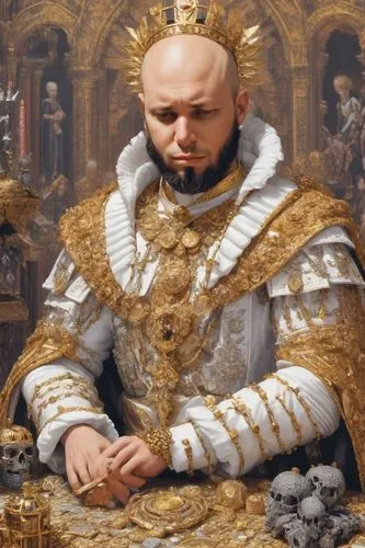 1 king of cryptocurrencies, bald, imposing position, several different cryptocurrencies stacked in bags, and hardwallets, Bitcoins, Eths, Solanas among others on the table,raffaello da montelupo,head 