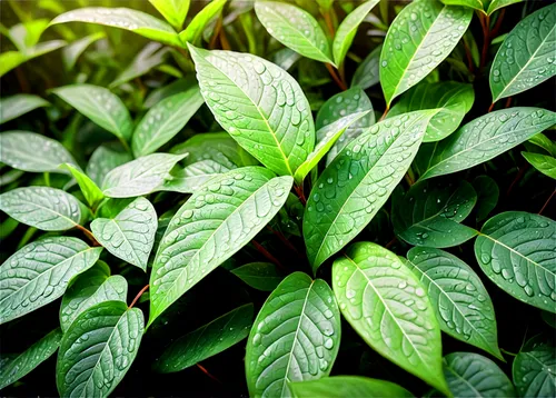 Vibrant green plants, lush foliage, various leaf shapes, intricate details, natural texture, earthy tones, morning dew, soft sunlight filtering through leaves, 3/4 composition, shallow depth of field,