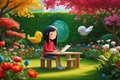 girl in flowers,little girl reading,girl studying,flower painting,girl picking flowers,girl in the garden,springtime background,children's background,flower and bird illustration,kids illustration,spring background,world digital painting,flower background,picking flowers,illustrator,children drawing,cartoon flowers,tulip festival,writing-book,fantasy picture,Illustration,Abstract Fantasy,Abstract Fantasy 22