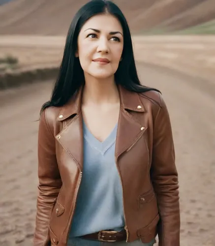 A woman with long black hair, dark brown eyes, and natural makeup,leather jacket,azerbaijan azn,female doctor,desert background,kurdistan,kyrgyz,bayan ovoo,denali,iranian,kyrgyzstan,leather,kaçkars,vu