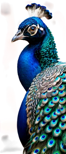 Peacock, majestic bird, solo, vibrant plumage, iridescent blue and green feathers, spread tail, detailed eyes, curved beak, standing, regal pose, soft focus, shallow depth of field, warm lighting, cin