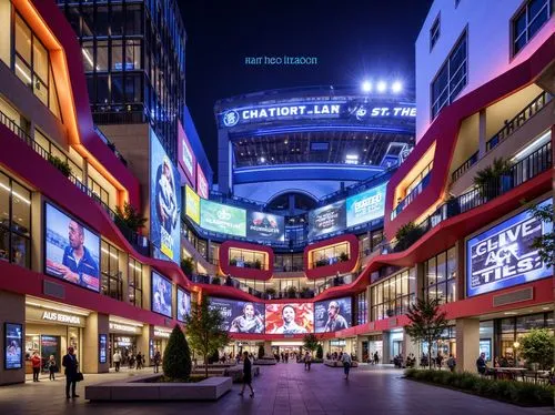 Vibrant stadium, postmodernist architecture, irregular shapes, fragmented forms, bold color schemes, dynamic curves, asymmetrical structures, futuristic materials, cantilevered roofs, oversized column