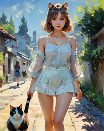 calico cat,studio ghibli,calico,akita inu,girl with dog,stray cat,street cat,alley cat,anime japanese clothing,cat,walk,world digital painting,japanese kawaii,walking,girl walking away,shiba,cute cat,pet,alley,stroll,Conceptual Art,Oil color,Oil Color 10