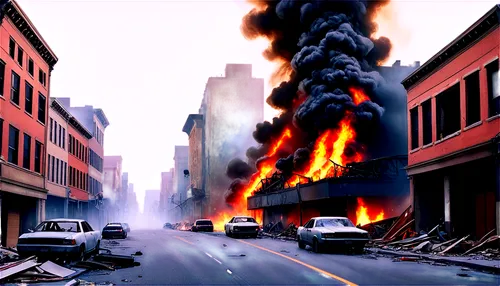 catastrophic scene, destroyed cityscape, dark smoke, flames engulfing buildings, rubble scattered streets, crashed cars, broken glass, debris-filled alleys, abandoned streets, dramatic lighting, cinem