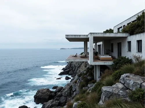 Rugged coastal cliffs, crashing ocean waves, salty sea air, modernist Bauhaus architecture, rectangular prismatic forms, clean lines, minimal ornamentation, functional simplicity, industrial materials