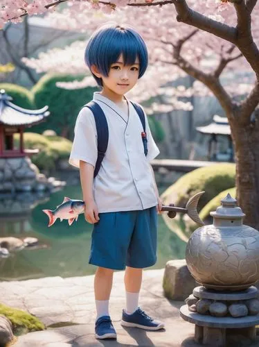 Zerpchan, cute Shota, 10yo, short blue hair, big brown eyes, small nose, sweet smile, white shirt, blue shorts, holding a big fish, standing, Japanese style garden, stone lantern, cherry blossom tree,