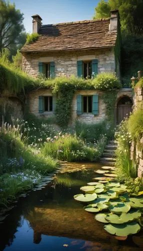 house with lake,home landscape,summer cottage,cottage,idyllic,garden pond,lily pond,fisherman's house,country cottage,pond,water mill,beautiful home,watermill,hameau,ancient house,provencale,lilly pond,idyll,moated,stone houses,Illustration,Paper based,Paper Based 13