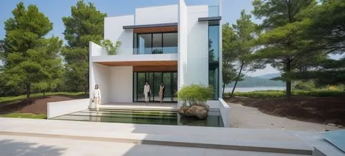 a modern style house with an open entry,modern house,cubic house,modern architecture,cube house,dunes house,holiday villa,Photography,General,Realistic