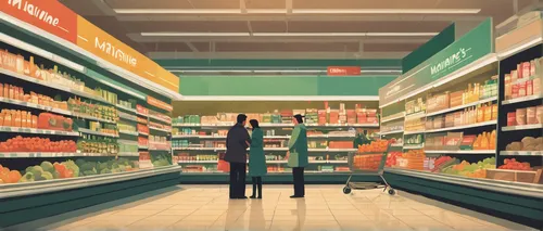 Imagine a romantic encounter between two strangers in Mariana's Supermarket.,supermarket,grocery,convenience store,grocery store,grocer,supermarket shelf,aisle,groceries,grocery shopping,deli,minimark