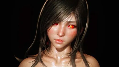 red eyes,fire red eyes,red-eye effect,anime 3d,humanoid,vampire woman,dark elf,bleeding eyes,red skin,female doll,ephedra,vampire lady,3d rendered,lara,anime girl,dark portrait,cosmetic,female warrior,sidonia,black eyes