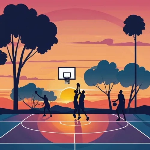 A peaceful sunset illuminating a basketball court as players practice their shots.,outdoor basketball,basketball court,basketball,basketball board,streetball,woman's basketball,3x3 (basketball),basket