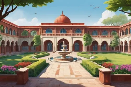 Delhi School of Architecture and Design, modern Indian-style building, sprawling campus, lush greenery, vibrant flowers, intricate stone carvings, grand entrance, arched windows, red-tiled rooftops, s