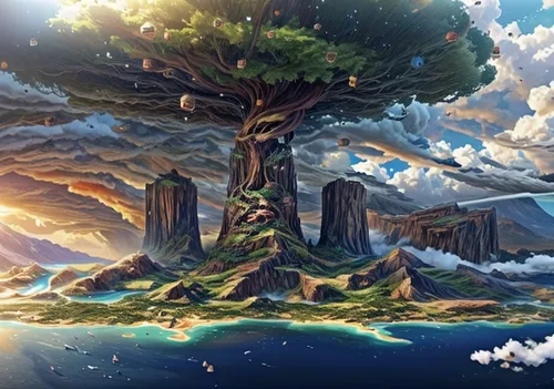 tree of life,mushroom island,dragon tree,magic tree,mushroom landscape,celtic tree,fantasy landscape,flourishing tree,colorful tree of life,an island far away landscape,bird kingdom,cartoon video game background,flying island,meteora,fantasy picture,floating island,studio ghibli,mother earth,3d fantasy,the japanese tree