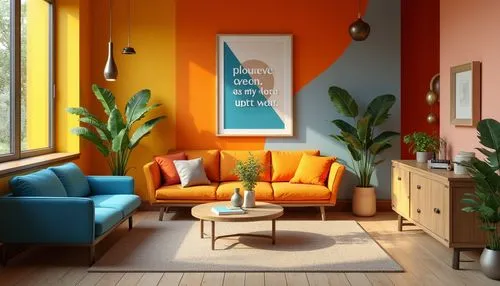 aperol,an apartment,livingroom,sitting room,living room,modern decor,apartment lounge,apartment,mid century modern,warm colors,interior design,house plants,color wall,cabana,interiors,shared apartment,home corner,interior decor,midcentury,teal and orange,Photography,General,Realistic