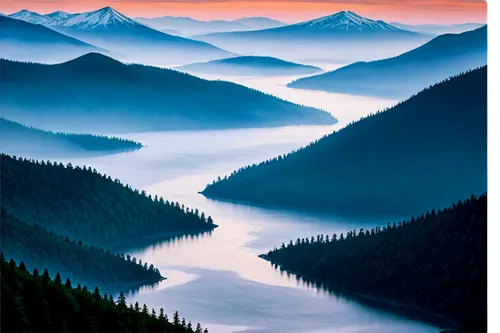 Cool landscape backgrounds, misty mountains, sunrise or sunset ambiance, foggy valleys, serene lakes, calm rivers, gentle waterfalls, vibrant green forests, rolling hills, snow-capped peaks, atmospher