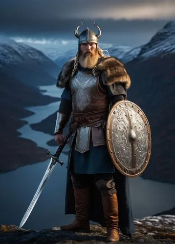 Muscular Viking, blonde braids, blue eyes, thick beard, horned helmet, leather armor, silver brooch, fur cape, broadsword, shield, standing, snowy mountain, Norway, fjord, misty atmosphere, low-key li